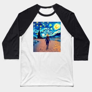 Van Gogh Starry Night Western Cow Girl Painting Baseball T-Shirt